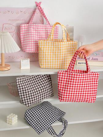 1 件装可爱格纹印花午餐包，大容量帆布午餐盒包，时尚棋盘格图案手提袋，露营食品收纳袋，便携购物手提包，无扣午餐便当袋，学生午餐盒收纳袋，小型通勤手提袋，化妆品外出必备小物件整理袋，少女便当袋