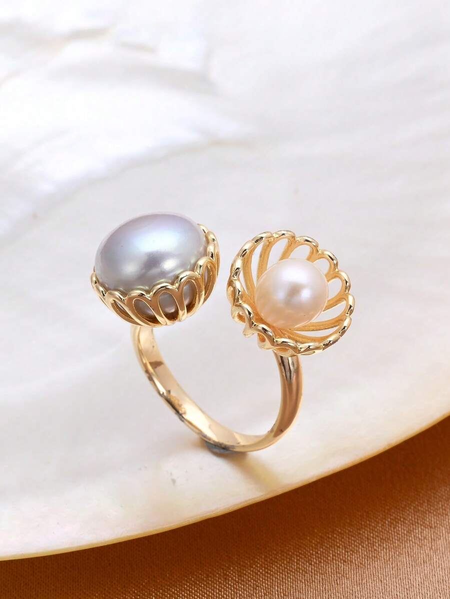 1pc 18K Gold Plated Adjustable Natural Freshwater Pearl Mother-Of-Pearl Ring For Women - Multicolor - View 1
