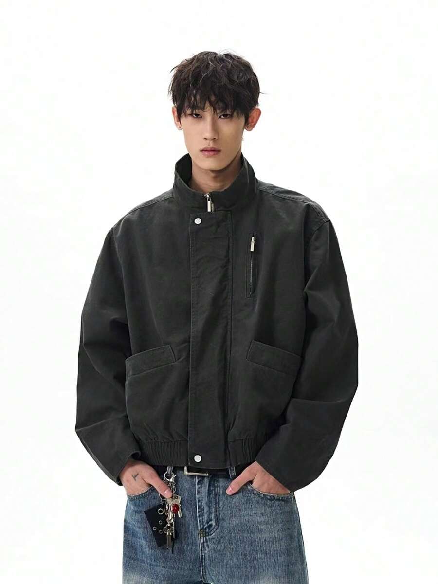 American Style, Retro, Washed, Vintage, Simple, Loose, Versatile, Handsome, Casual, Workwear, Canvas, Stand Up Collar, Barn Style, Pilot Jacket, Outerwear, Men's - 黑色 - 查看 1