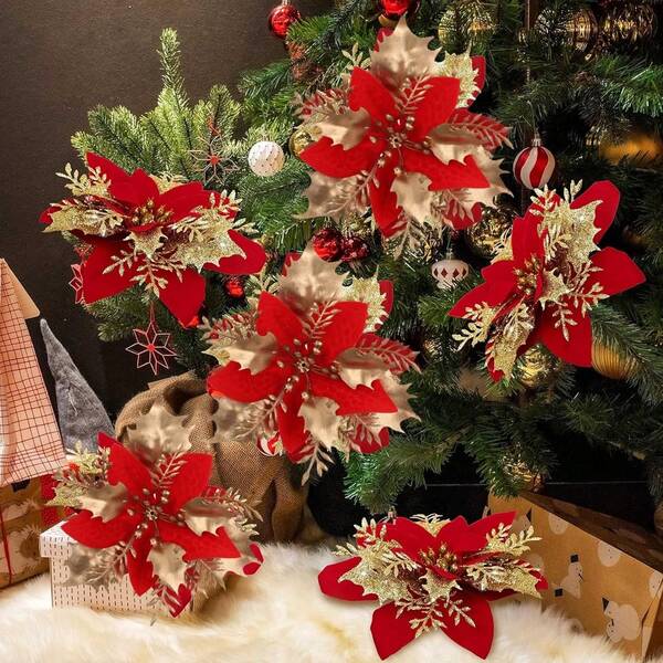 6/12pcs Sparkling Poinsettia Artificial Flowers - Perfect For Christmas Tree, Wreaths & Holiday Decorations Ideal For Weddings & Parties