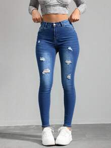 Jeans ajustados de cintura alta en azul marino , tela suave y elástica, ideal para estilos casuales y versátiles - Azul Marino - Ver 3