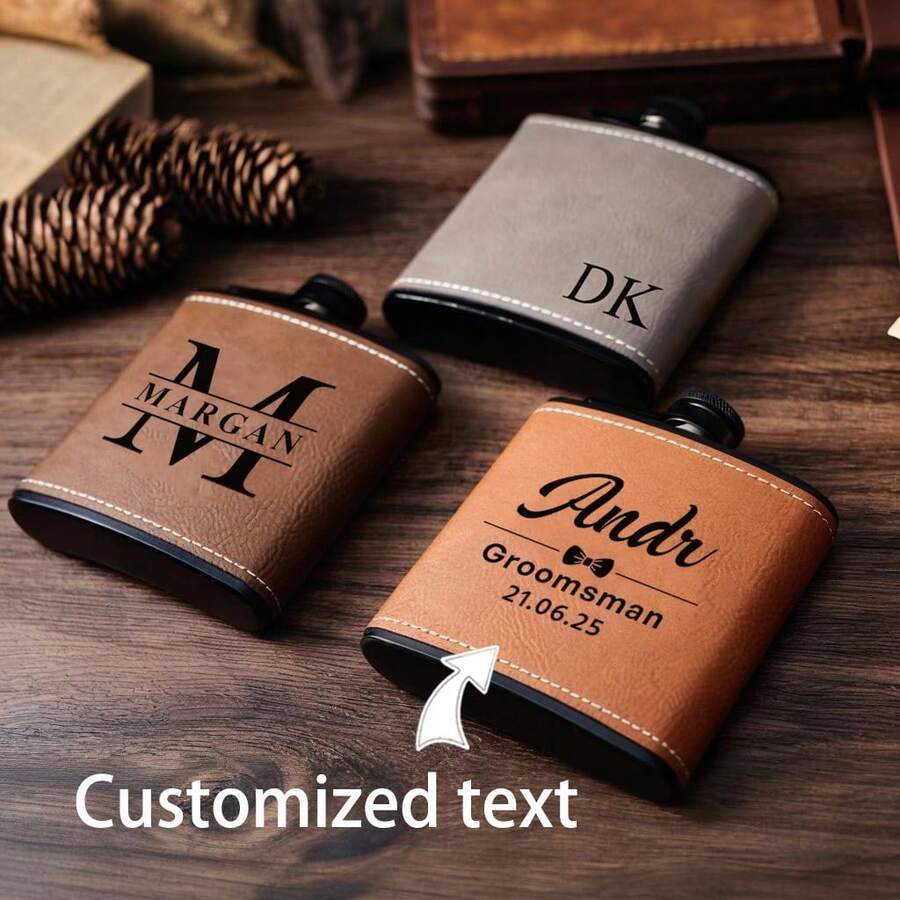 1 Personalized Leather Flask – 6 Oz Stainless Steel, Custom Men's Flask Gift, Boyfriend Gift, Best Man Gift, Groom Gift, Best Dad Gift, Birthday Gift, Wedding Party Gift, His Gift, Laser-Engraved Flask - Multicolor - View 1