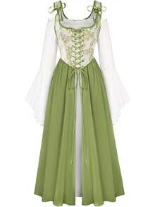 Medieval Renaissance Gown - Women's Floral Peasant Dress With Elegant Bell Sleeves, Festival Formal Dress - 鸚鵡綠 - 查看 1