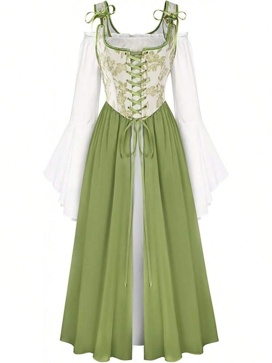 Medieval Renaissance Gown - Women's Floral Peasant Dress With Elegant Bell Sleeves, Festival Formal Dress - 鸚鵡綠 - 查看 1