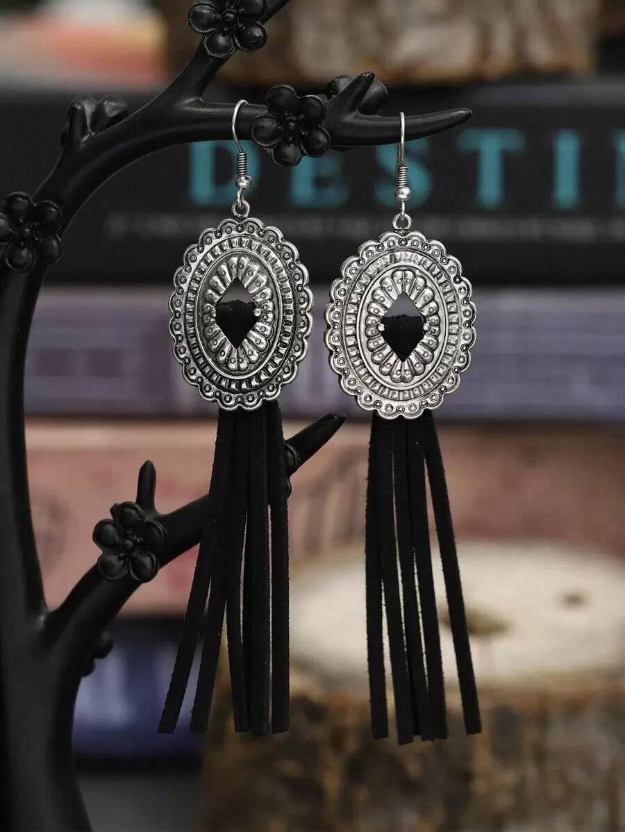 Scallop Trim Oval & Tassel Drop Earrings - Bạc cổ - Xem 1