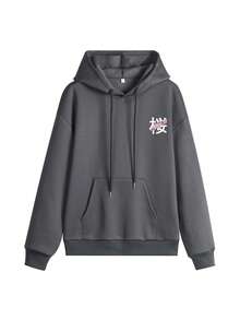 女款黑色抓絨內裡連帽衛衣，櫻花與日文字圖案寬鬆套頭衫，舒適冬季女裝 - 深灰色 - 查看 4