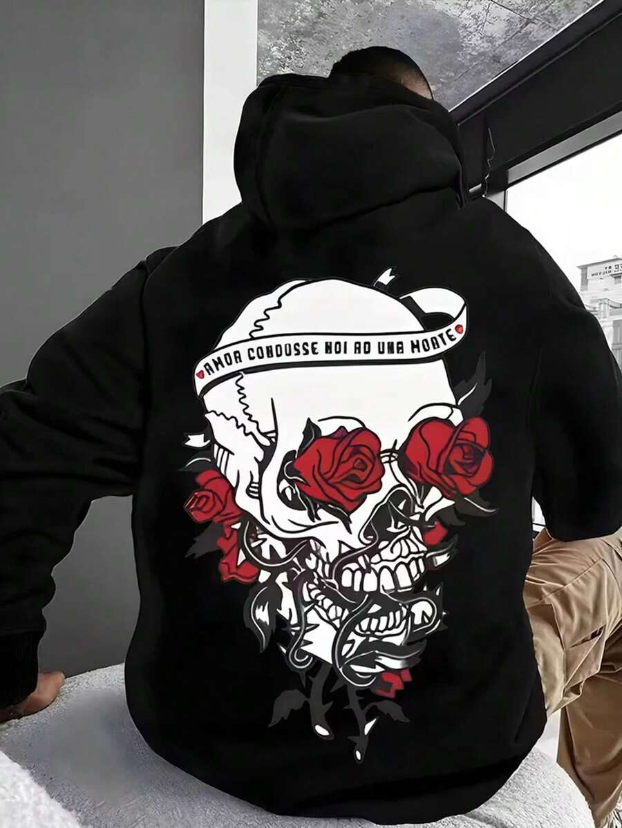 Stylish Men's Hoodie With Skull & Roses Graphic - Soft Cotton Blend, Horror-Inspired Design, Casual Fall/Winter Wear, Machine Washable, Hooded Sweatshirt With Pocket Detail,Fall Hoodies,Men's Fall Clothes,Street Wear,Halloween,Mens Hoodies,Y2k Clothes,Jesus Hoodie,Thanksgiving Day,Nightmare Before Christmas,Christmas - Black - View 1
