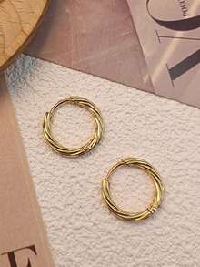 1 Đôi bông tai vòng xoắn bằng thép không gỉ dành cho nữ, phong cách nhiều lớp tối giản, quà tặng phụ kiện hàng ngày, không có hộp quà tặng - vàng vàng - Xem 3