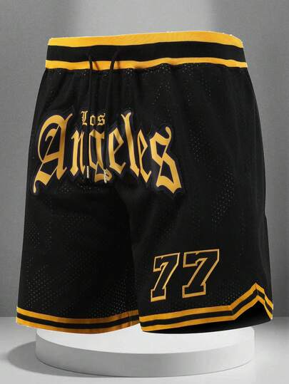 Men's 77 Black Basketball Shorts, Casual Embroidered Stitched Zipper Pocket Sports Pants For Party & Exercise Fall