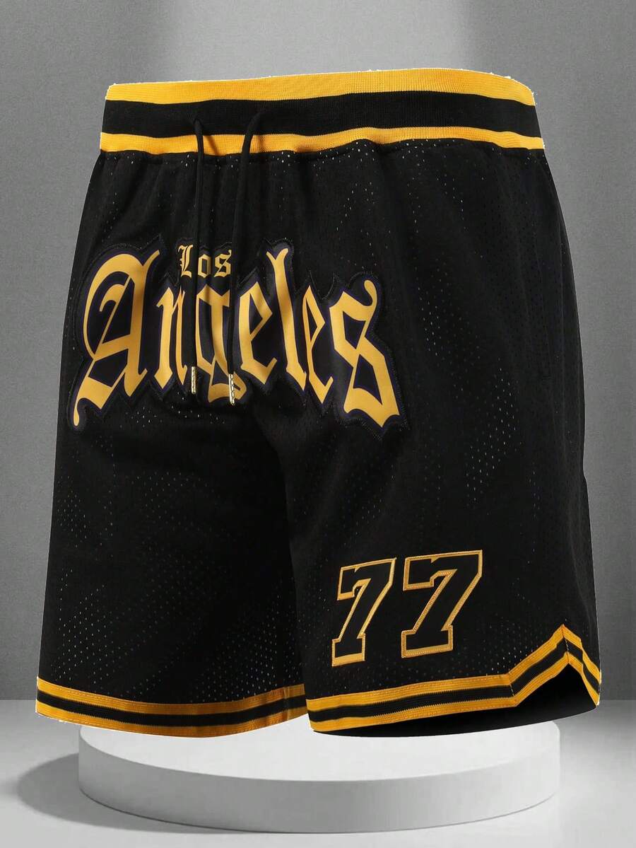 Men's 77 Black Basketball Shorts Casual Embroidered Sewn Zipper Pocket Party Sports Pants - Black - View 1