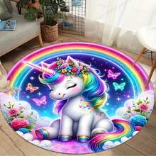 Soft Washable Rainbow Unicorn Round Rug - Non-Slip, Plush Polyester, Ideal For Living Room, Bedroom, Dining Area - Home Decor - Multicolor - View 3