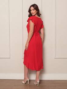 Long Wrap Dress With A Tie At The Waist - Red - View 3