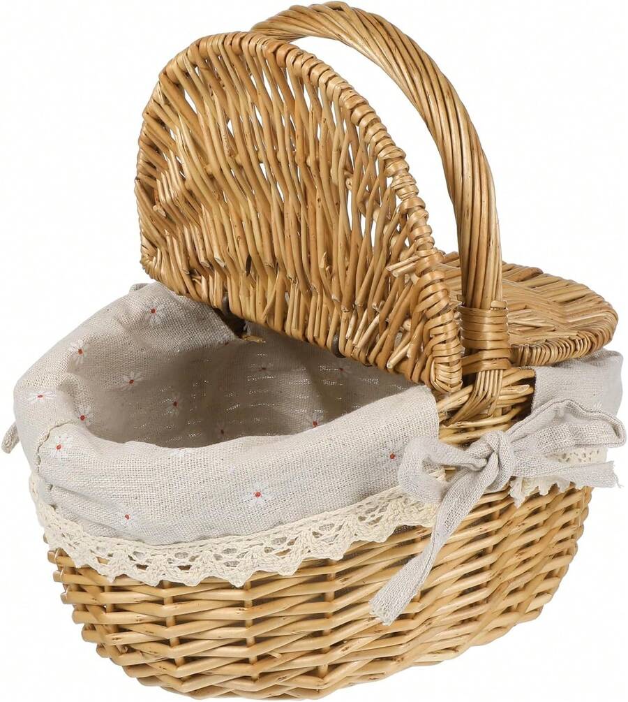Oval Wicker Picnic Basket 1pc Fruit Vegetable Storage Basket Wicker Weaving Camping Picnic With Double Lid Linen Cotton Cloth Lining For Storage And Dr (Daisy Pattern Lining),23949200 - Khaki - View 1