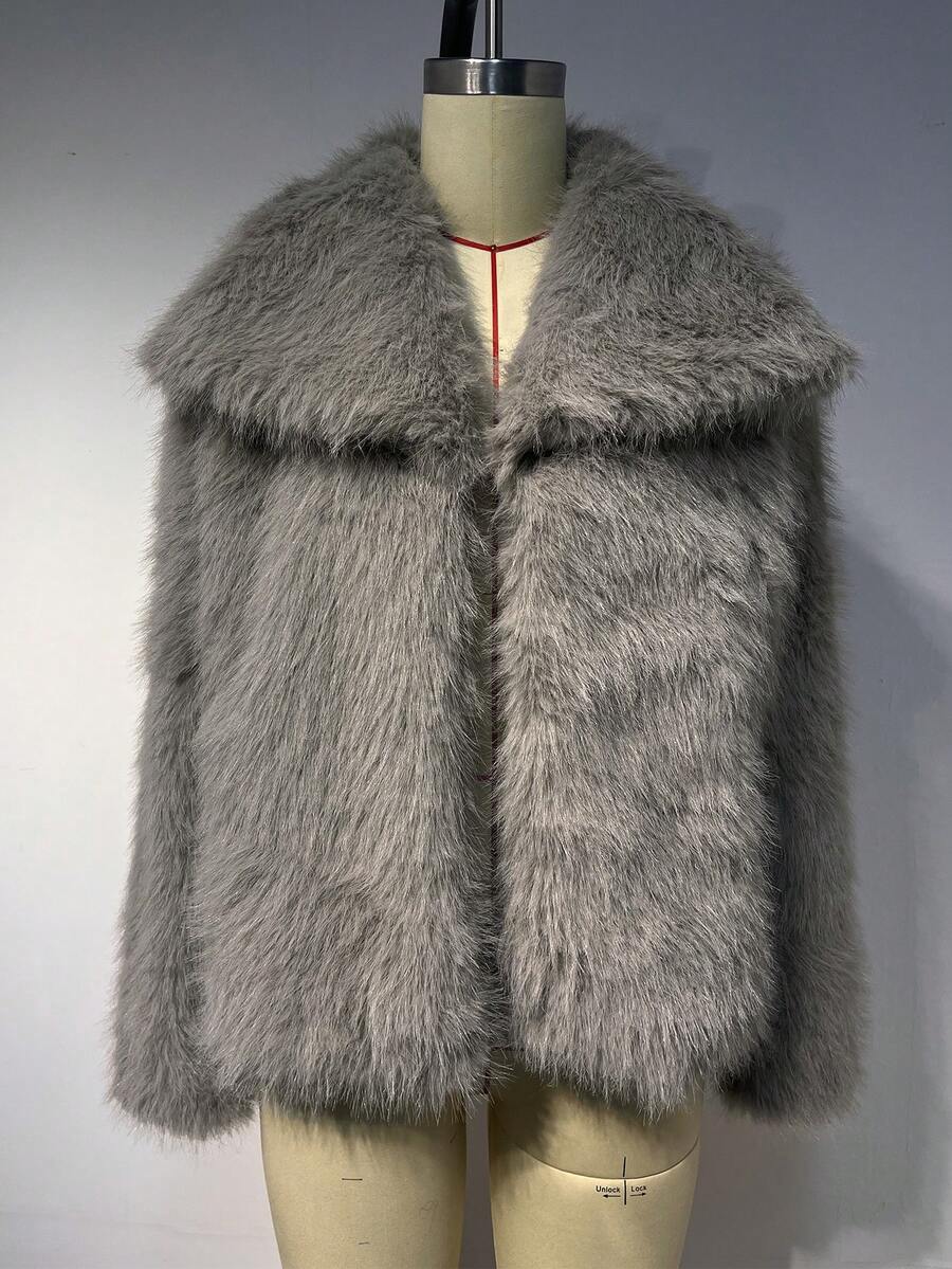 复古开衫仿皮草秋冬时尚外套，柔软蓬松，保暖长袖，秋冬外套，冬季服装。 - 灰色 - 查看 1