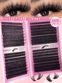 640/608pcs C-Curl Eyelash Extension Kit, Super Curly Lash Extension Set, Multi-Style Eye Makeup, Suitable For Beginners, 8-16mm Mixed Length, Natural, Cluster, Fluffy, Thick, Mixed Styles, Self-Adhesive, Reusable Lash Clusters, Lash Clusters, Individual Lashes, False Eyelashes - C - View 2