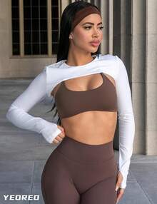 Women Crop Top Long Sleeve Bolero Open Front Workout Cropped Shirts Sports Shrug - 白色 - 查看 3