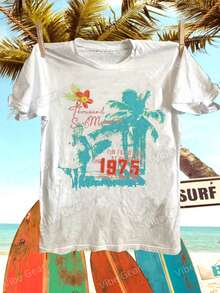 Fun Filled Since 1975 Retro Surf Graphic T-Shirt - Vintage Beach Vibes, Palm Tree & Surfer Design, Casual Cotton Tee, Summer Vacation Essential, Birthday Gift For Surf Lovers - 白色 - 查看 1