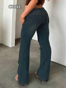 Quần jeans ống loe thoải mái cỡ lớn, dáng dài, chất liệu co giãn cao, có túi, cúc và khóa kéo, kiểu dáng thường ngày mùa xuân. - Rửa tối - Xem 4