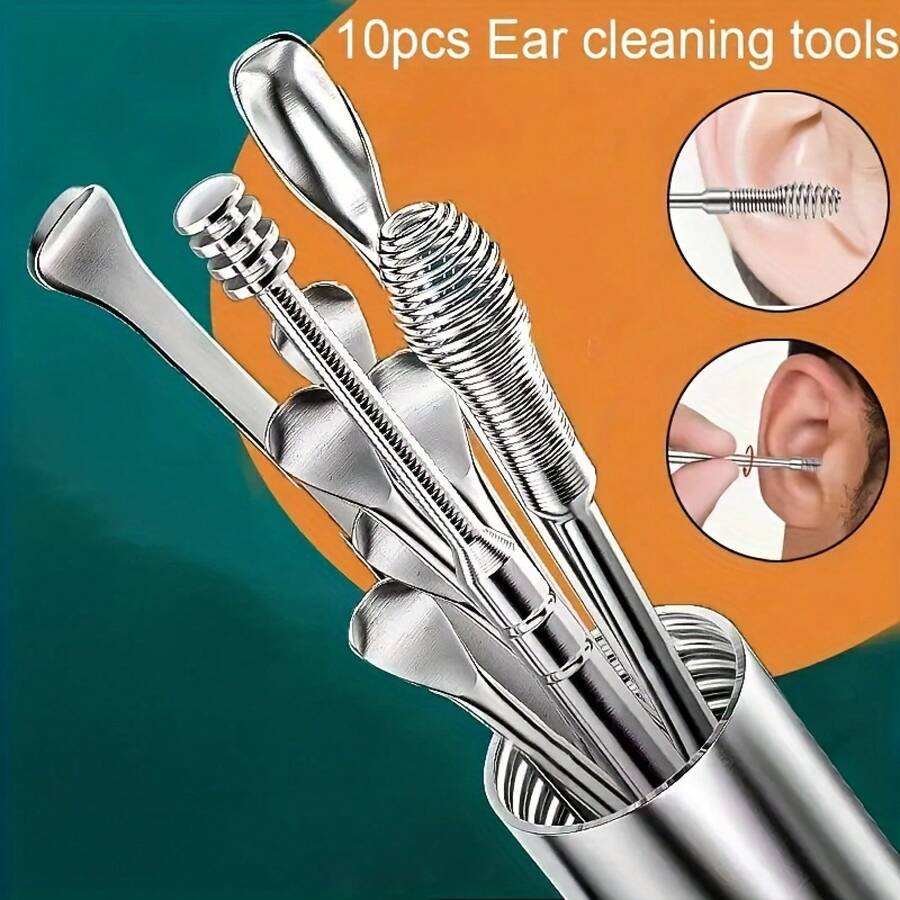 10pcs Stainless Steel Ear Wax Removal Tool Set, Spiral Rotating Ear Picking Spoon & Ear Picker Spoon For Cleaning & Collecting Ear Wax - 10Pcs - View 1