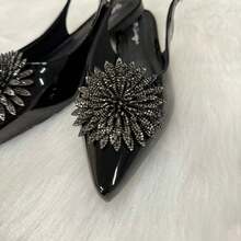 Women's Slingback Patent Leather Flat Sandal With Flower Embellishment, Premium Imported - 黑色清漆 - 查看 3