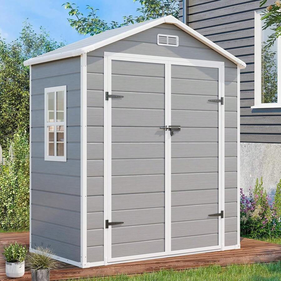 6x3 FT Resin Storage Shed, Waterproof Outdoor Shed With Floor Included, Window, Double Lockable Doors & 2 Vents, Outside Plastic Sheds For Garden Patio Backyard, Grey,23948599,Weather Resistant, Garden Tool House - 黑色 - 查看 1