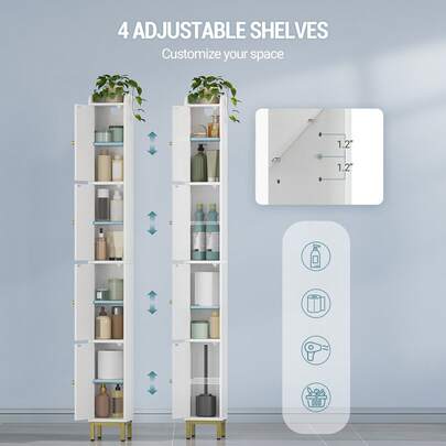 HEXCELEN 4-Tier Narrow Tall Storage Cabinet, Slim Bathroom Storage Cabinet With 4 Adjustable Feet And Shelves, Bathroom Organization For Small Space, Kitchen, Living Room, Laundry Room White