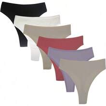 High Waisted Cotton Thongs For Women, Breathable Plus Size Multipack - 黑色*1 白色*1 淺藍色*1 淺紫色*1 粉紅色*1 卡其色*1 - 查看 1