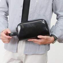1 pieza Nuevo bolso de mano con muñequera y cremallera brillante y aceitado para hombres, de gran capacidad con forma de almohada cuadrada, adecuado como estuche para teléfono, billetera, bolsa de aseo, bolsa de herramientas, bolsa de documentos para uso diario y viajes de negocios - Multicolor - Ver 8