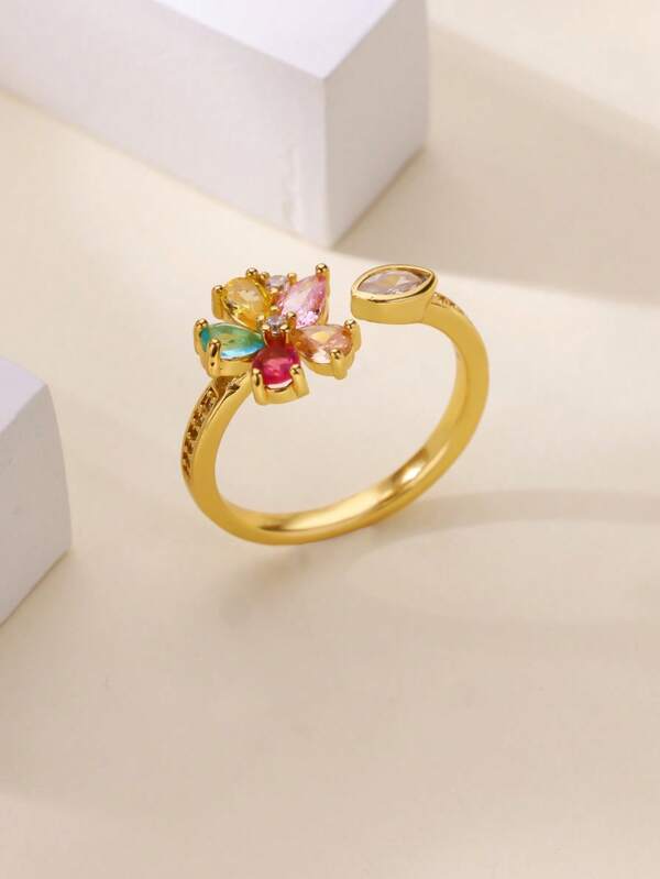 1 Pc Five Leaf Clover Rings For Women Cute Colorful Zirconia Flower Ring Aesthetic Jewelry,Suitable For Daily,Vacation,Date,Gifts For Birthday,Thanksgiving,Christmas,New Year