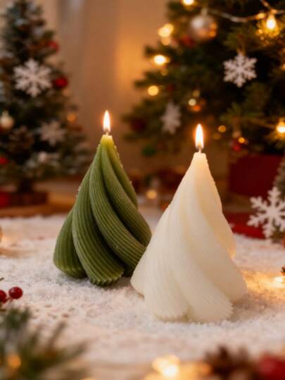 Vela em formato de árvore de Natal em espiral (1 unidade), design com textura espiral 3D, vela de Natal em cera de pedra natural, estilo natalino aconchegante, formato de árvore de Natal em espiral branca e verde, textura detalhada, decorativa e que cria um ambiente festivo, ideal para decoração de Natal, festas natalinas, decoração natalina em casa, enfeites de Natal e presentes de Natal.