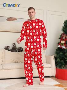 Lo Rrtta 2pcs Santa Claus & Celebration Letter Print Graphic Crew Neck Long Sleeve Men's Pajama Set, Fall & Winter Clothes - Multicolor - View 3