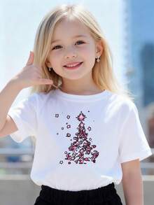 Playeras de niño Árbol de Navidad Rosa con Estrellas Brillantes sudaderas de niño tops para adolescentes Camisetas navideñas Camisetas de niña Camiseta de Halloween para niñas Regalos navideños Camisetas para niños y niñas La tela es suave, transpirable y cómoda, hecha de puro algodón. - Blanco - Ver 1