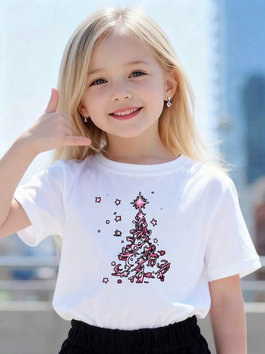 Playeras de niño Árbol de Navidad Rosa con Estrellas Brillantes sudaderas de niño tops para adolescentes Camisetas navideñas Camisetas de niña Camiseta de Halloween para niñas Regalos navideños Camisetas para niños y niñas La tela es suave, transpirable y cómoda, hecha de puro algodón. - Blanco - Ver 1