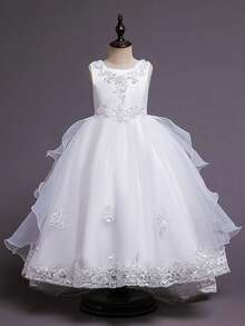Flower Girl Dress Princess Puffy Tulle Dresses Bridesmaid Wedding Birthday Party Pageant Maxi Prom Gown For Kids - 白色 - 查看 6