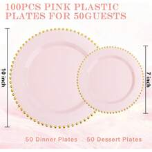 100pcs Plastic Plates With Gold Beads Plates Heavy Duty Party Supplies Includes 10.25inch Dinner Plate And 7.5inch Dessert Disposable Plate For Party,Wedding,Bridal Showers - 粉色 - 查看 7