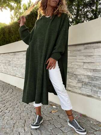 Suéter de punto con capucha, manga larga, bajo con abertura y unicolor para mujer de talla grande