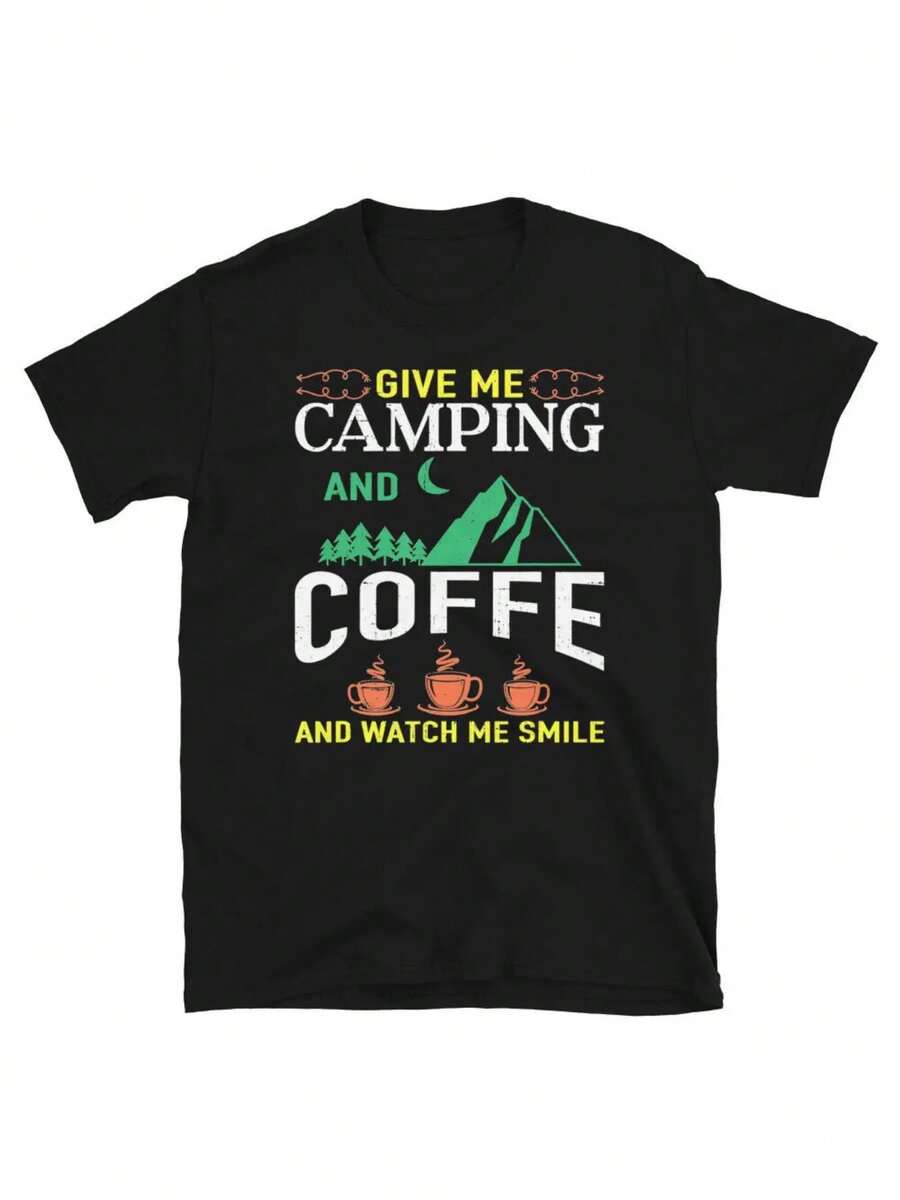 Camiseta de regalo para amantes de la naturaleza y el café y la aventura de camping - Negro - Ver 1