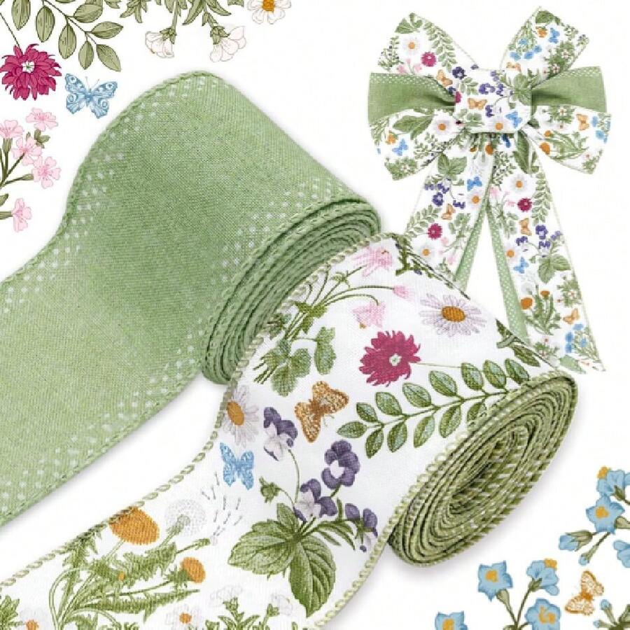 Green Wildflowers Wired Edge Ribbon Retro Wild Floral Craft Ribbon Spring Fabric Ribbon For Suer Mother's Day Wreath Bow Making DIY Wrapping Party Dr Supplies, 2 Rolls, 20 Yard,23939727 - 香檳色 - 查看 1