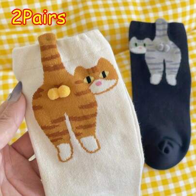 2 pares de calcetines con diseño de gato lindo, calcetines de media pantorrilla con patrón de trasero de gato de dibujos animados, calcetines de pareja cómodos y transpirables