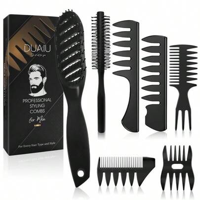 Hair Brush Men Styling Set,DUAIU Mens Hair Combs Styling Brush 7pcs,Curved Vented Paddle Brush,Quiff Round Hair Brush,Wide Tooth Comb,Texture Comb For