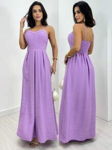 Long Dress With Adjustable Straps Lastex Waisted Fits 36 To 44 Women's Elastex Dress With Adjustable Back From 36 To 44 Comfortable Elastex Waisted Dress With Adjustable Straps - 紫色 - 查看 3