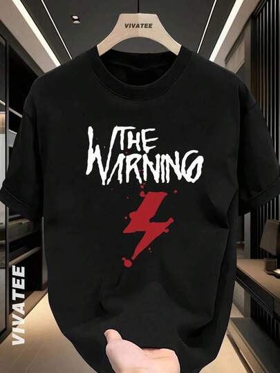 Camiseta Negra de Color Puro con Gráfico THE WARNING y Diseño de Rayo, Adecuada para Uso Diario y Regalos, Estilo Unisex 100% Algodón, Nueva Llegada de Verano 2025, Perfecta para Ropa de Calle y Atuendos Casuales