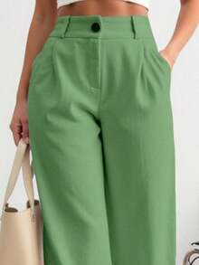 Sily Moda Women's Linen Flowing Pantaloons/High Waist/Zipper And Buttons/Wide Leg Pantaloons - 綠色 - 查看 2