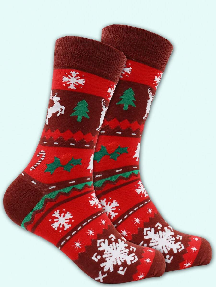 1 Pair Men's Christmas Mid-Calf Socks With Reindeer Pattern, Suitable As Christmas Gift - Burgundy - View 1