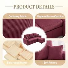 76'' L Shaped Sectional Couches With Storage Ottoman, 3 Seater Corduroy Sofa With 2 Drawers, Cup Holder, Side Bag For Living Room, Apartment, Small Space - 酒紅色 - 查看 3