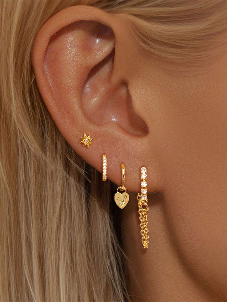 4 Pcs Elegant 24K Gold Plated Cubic Zirconia Heart Drop Dangle Earrings For Women Hoop Earrings For Women Stud Earrings Set