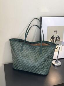 2026新款流行女士手提包，大容量通勤小众设计单肩包，休闲百搭简约时尚托特包，舒适PU材质，撞色菱形设计，拉链闭合，舒适双肩带，容量大，秋冬托特包（注：不含吊坠配件） - 綠色 - 查看 6