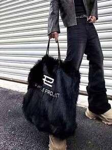 Túi Tote thêu màu hồng dễ thương, Túi đeo vai, Túi đeo nách, Túi vải nhung cỡ lớn, Unisex, Phong cách Mỹ thời trang - màu đen - Xem 2