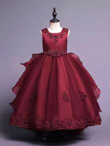 Flower Girl Dress Princess Puffy Tulle Dresses Bridesmaid Wedding Birthday Party Pageant Maxi Prom Gown For Kids - Màu Đỏ Sâu - Xem 8