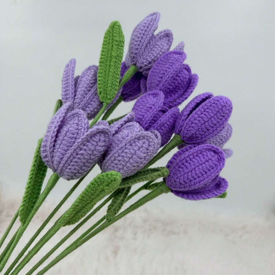 onEternal 1 件/3 件/5 件/7 件/10 件手工钩针多色郁金香花枝永生花家居装饰礼物花束适合节日、母亲节、父亲节、毕业典礼 - 紫色 - 查看 1